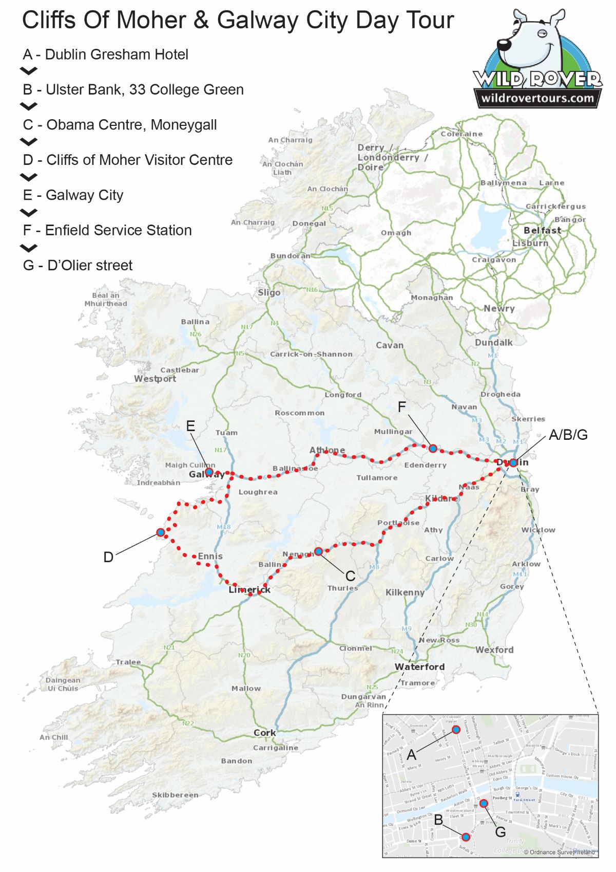 Cliffs of Moher and Galway day trip route map